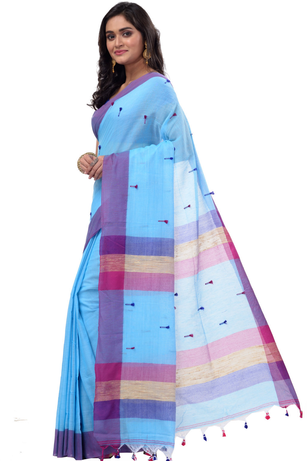Blue Pure Cotton Clacial Desigined Hand Loom Saree (752)